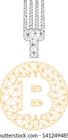 Mesh Bitcoin fork model icon. Wire carcass triangular mesh of vector Bitcoin fork isolated on a white background. Abstract 2d mesh created from triangular lines and circle nodes.