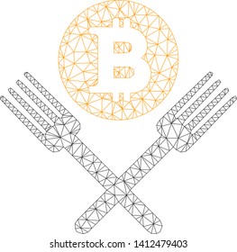 Mesh Bitcoin forks model icon. Wire frame polygonal mesh of vector Bitcoin forks isolated on a white background. Abstract 2d mesh built from triangular lines and dots.
