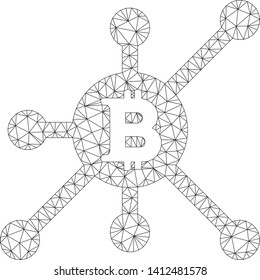 Mesh Bitcoin full node model icon. Wire carcass triangular network of vector Bitcoin full node isolated on a white background. Abstract 2d mesh created from triangular lines and spheric points.