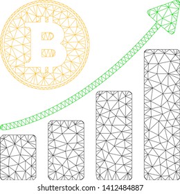 Mesh Bitcoin growing chart model icon. Wire frame triangular mesh of vector Bitcoin growing chart isolated on a white background. Abstract 2d mesh created from triangular lines and spheric points.