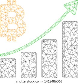 Mesh Bitcoin growth trend model icon. Wire carcass polygonal network of vector Bitcoin growth trend isolated on a white background. Abstract 2d mesh created from polygonal grid and small circle.