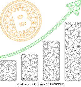 Mesh Bitcoin growth trend model icon. Wire carcass triangular mesh of vector Bitcoin growth trend isolated on a white background. Abstract 2d mesh built from triangular lines and round dots.