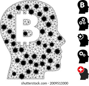 Mesh bitcoin imagination polygonal icon vector illustration, with black coronavirus elements. Carcass model is based on bitcoin imagination flat icon, with coronavirus items and triangular mesh.