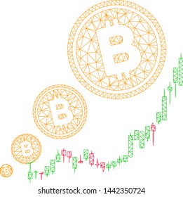 Mesh Bitcoin inflation chart model icon. Wire frame polygonal mesh of vector Bitcoin inflation chart isolated on a white background. Abstract 2d mesh created from polygonal grid and small circle.