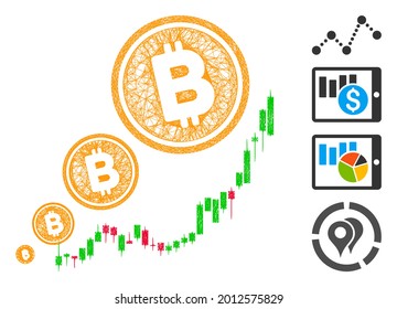 Mesh Bitcoin inflation chart web icon vector illustration. Carcass model is based on Bitcoin inflation chart flat icon. Mesh forms abstract Bitcoin inflation chart flat model.