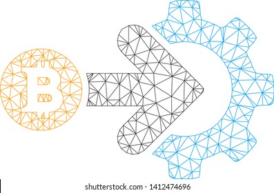 Mesh Bitcoin integration gear model icon. Wire carcass triangular mesh of vector Bitcoin integration gear isolated on a white background. Abstract 2d mesh built from triangular lines and small circle.