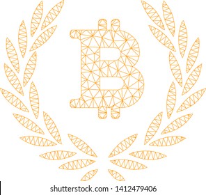 Mesh Bitcoin laurel wreath model icon. Wire frame triangular mesh of vector Bitcoin laurel wreath isolated on a white background. Abstract 2d mesh created from triangular lines and circle nodes.