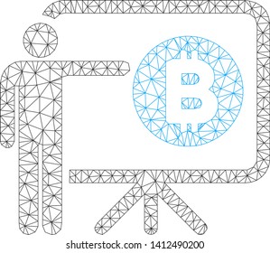 Mesh Bitcoin lecture board model icon. Wire carcass triangular mesh of vector Bitcoin lecture board isolated on a white background. Abstract 2d mesh built from triangular lines and spheric points.