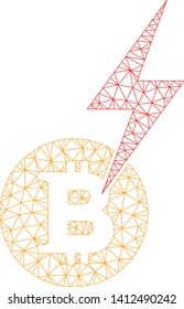 Mesh Bitcoin lightning strike model icon. Wire frame polygonal mesh of vector Bitcoin lightning strike isolated on a white background. Abstract 2d mesh built from polygonal grid and small circle.