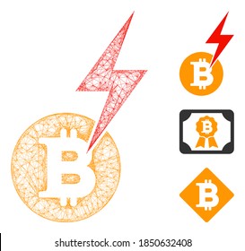 Mesh Bitcoin lightning strike polygonal web icon vector illustration. Model is based on Bitcoin lightning strike flat icon. Triangle mesh forms abstract Bitcoin lightning strike flat model.