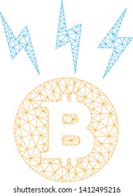 Mesh Bitcoin lightnings model icon. Wire frame polygonal mesh of vector Bitcoin lightnings isolated on a white background. Abstract 2d mesh built from polygonal grid and dots.