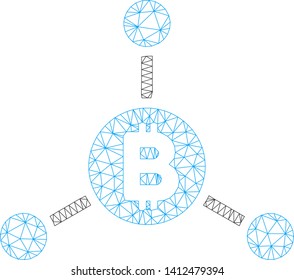 Mesh Bitcoin links model icon. Wire carcass triangular mesh of vector Bitcoin links isolated on a white background. Abstract 2d mesh designed with triangular lines and circle nodes.