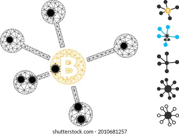 La bitcoína de malla enlaza la ilustración vectorial de íconos poligonales, con nodos de infección negros. El modelo de canal se crea a partir de bitcoin enlaza un icono plano, con nodos de virus y red poligonal.
