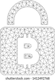 Mesh Bitcoin lock model icon. Wire frame triangular mesh of vector Bitcoin lock isolated on a white background. Abstract 2d mesh created from triangular lines and small circle.