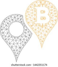Mesh Bitcoin map markers model icon. Wire frame triangular mesh of vector Bitcoin map markers isolated on a white background. Abstract 2d mesh built from triangular lines and round dots.