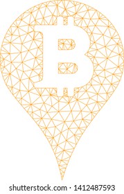 Mesh Bitcoin marker model icon. Wire frame triangular mesh of vector Bitcoin marker isolated on a white background. Abstract 2d mesh designed with triangular lines and round dots.