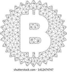 Mesh Bitcoin medal coin model icon. Wire carcass triangular mesh of vector Bitcoin medal coin isolated on a white background. Abstract 2d mesh built from triangular lines and dots.