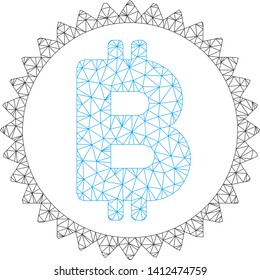 Mesh Bitcoin medal coin model icon. Wire carcass polygonal mesh of vector Bitcoin medal coin isolated on a white background. Abstract 2d mesh created from triangles and spheric points.