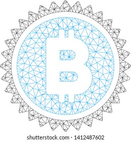 Mesh Bitcoin medal coin model icon. Wire carcass triangular mesh of vector Bitcoin medal coin isolated on a white background. Abstract 2d mesh designed with triangular lines and circle nodes.