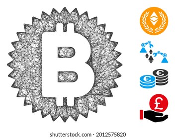 Mesh Bitcoin medal coin web icon vector illustration. Carcass model is created from Bitcoin medal coin flat icon. Network forms abstract Bitcoin medal coin flat model.