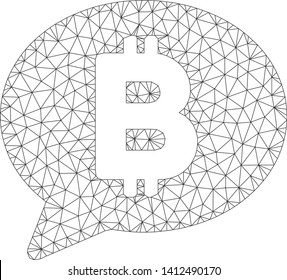 Mesh Bitcoin message balloon model icon. Wire carcass polygonal mesh of vector Bitcoin message balloon isolated on a white background. Abstract 2d mesh designed with polygonal grid and round dots.