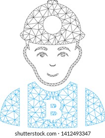 Mesh Bitcoin miner model icon. Wire frame polygonal mesh of vector Bitcoin miner isolated on a white background. Abstract 2d mesh designed with polygonal grid and spheric points.