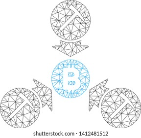 Mesh Bitcoin mining pool model icon. Wire frame polygonal mesh of vector Bitcoin mining pool isolated on a white background. Abstract 2d mesh created from polygonal grid and round dots.