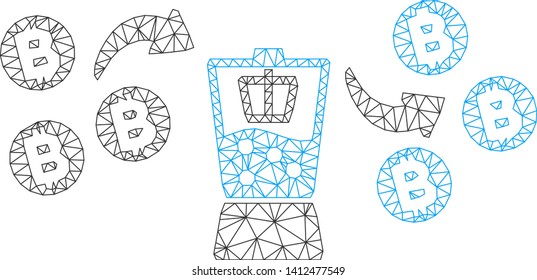 Mesh Bitcoin mixer model icon. Wire frame triangular mesh of vector Bitcoin mixer isolated on a white background. Abstract 2d mesh designed with triangular lines and circle nodes.