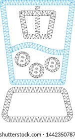 Mesh Bitcoin mixer model icon. Wire carcass triangular mesh of vector Bitcoin mixer isolated on a white background. Abstract 2d mesh created from triangular lines and round dots.