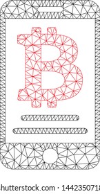 Mesh Bitcoin mobile payment model icon. Wire frame triangular mesh of vector Bitcoin mobile payment isolated on a white background. Abstract 2d mesh designed with triangular lines and spheric points.