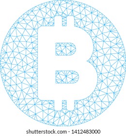 Mesh Bitcoin model icon. Wire frame polygonal mesh of vector Bitcoin isolated on a white background. Abstract 2d mesh designed with polygonal grid and points.