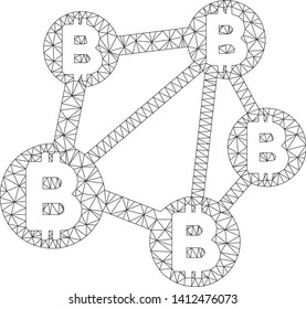 Mesh Bitcoin network model icon. Wire frame polygonal mesh of vector Bitcoin network isolated on a white background. Abstract 2d mesh created from polygonal grid and points.
