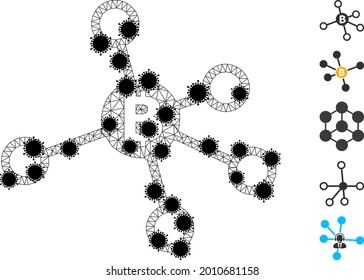 Mesh bitcoin nodes polygonal icon vector illustration, with black infection nodes. Abstraction is created from bitcoin nodes flat icon, with infection nodes and polygonal mesh.