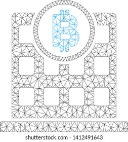 Mesh Bitcoin office model icon. Wire frame triangular mesh of vector Bitcoin office isolated on a white background. Abstract 2d mesh created from triangular lines and points.