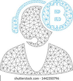 Mesh Bitcoin operator model icon. Wire carcass triangular mesh of vector Bitcoin operator isolated on a white background. Abstract 2d mesh designed with triangular lines and small circle.