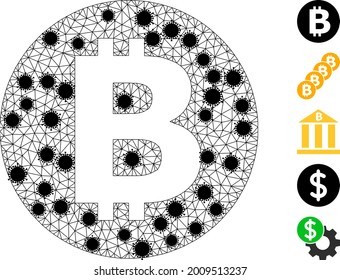 Mesh bitcoin polygonal 2d vector illustration, with black infection items. Model is created from bitcoin flat icon, with infection elements and triangle mesh.