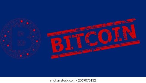 Mesh bitcoin polygonal icon vector illustration, and red BITCOIN unclean rubber print. Carcass model is based on bitcoin flat icon, with stars and polygonal mesh.