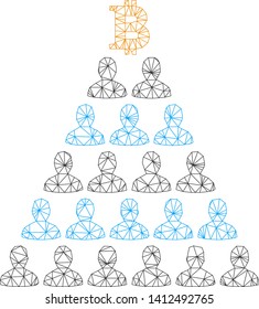 Mesh Bitcoin Ponzi pyramid model icon. Wire frame triangular mesh of vector Bitcoin Ponzi pyramid isolated on a white background. Abstract 2d mesh built from triangular lines and points.