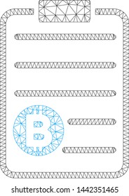 Mesh Bitcoin price list model icon. Wire frame polygonal mesh of vector Bitcoin price list isolated on a white background. Abstract 2d mesh created from polygonal grid and spheric points.