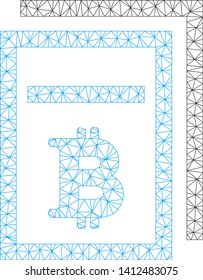 Mesh Bitcoin price pages model icon. Wire frame triangular mesh of vector Bitcoin price pages isolated on a white background. Abstract 2d mesh created from triangular lines and small circle.
