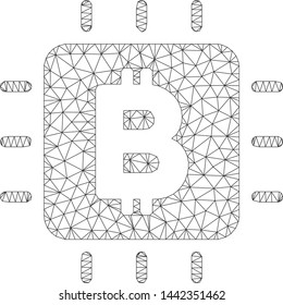Mesh Bitcoin processor chip model icon. Wire carcass triangular mesh of vector Bitcoin processor chip isolated on a white background. Abstract 2d mesh designed with triangular lines and points.