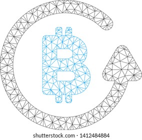 Mesh Bitcoin refund model icon. Wire frame triangular mesh of vector Bitcoin refund isolated on a white background. Abstract 2d mesh created from triangular lines and round dots.