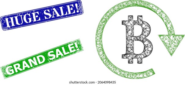Mesh bitcoin repay model, and Huge Sale warn blue and green rectangle dirty seal prints. Mesh wireframe illustration is designed with bitcoin repay pictogram.