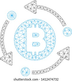 Mesh Bitcoin rotation arrows model icon. Wire carcass triangular mesh of vector Bitcoin rotation arrows isolated on a white background. Abstract 2d mesh built from triangular lines and round dots.