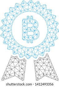 Mesh Bitcoin seal with ribbons model icon. Wire carcass triangular mesh of vector Bitcoin seal with ribbons isolated on a white background.