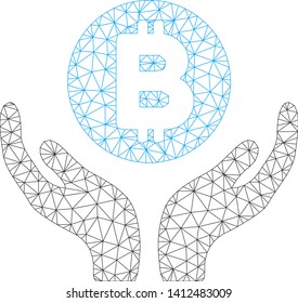 Mesh Bitcoin support hands model icon. Wire frame triangular network of vector Bitcoin support hands isolated on a white background. Abstract 2d mesh created from triangular lines and spheric points.