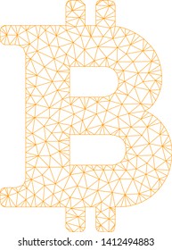 Mesh Bitcoin symbol model icon. Wire frame polygonal mesh of vector Bitcoin symbol isolated on a white background. Abstract 2d mesh designed with polygonal grid and small circle.