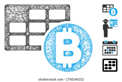 Mesh Bitcoin table web icon vector illustration. Carcass model is based on Bitcoin table flat icon. Network forms abstract Bitcoin table flat carcass.