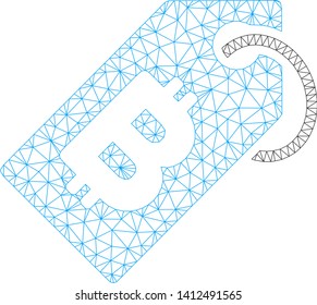 Mesh Bitcoin tag model icon. Wire frame triangular mesh of vector Bitcoin tag isolated on a white background. Abstract 2d mesh built from triangular lines and circle nodes.