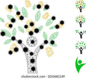 Mesh Bitcoin Baum Mann polygonal Symbol Vektorgrafik, mit schwarzen Coronavirus Knoten. Das Carcass-Modell wird aus dem Bitcoin-Baumstamm-Symbol erstellt, das mit infektiösen Knoten und dreieckigem Netz versehen ist.